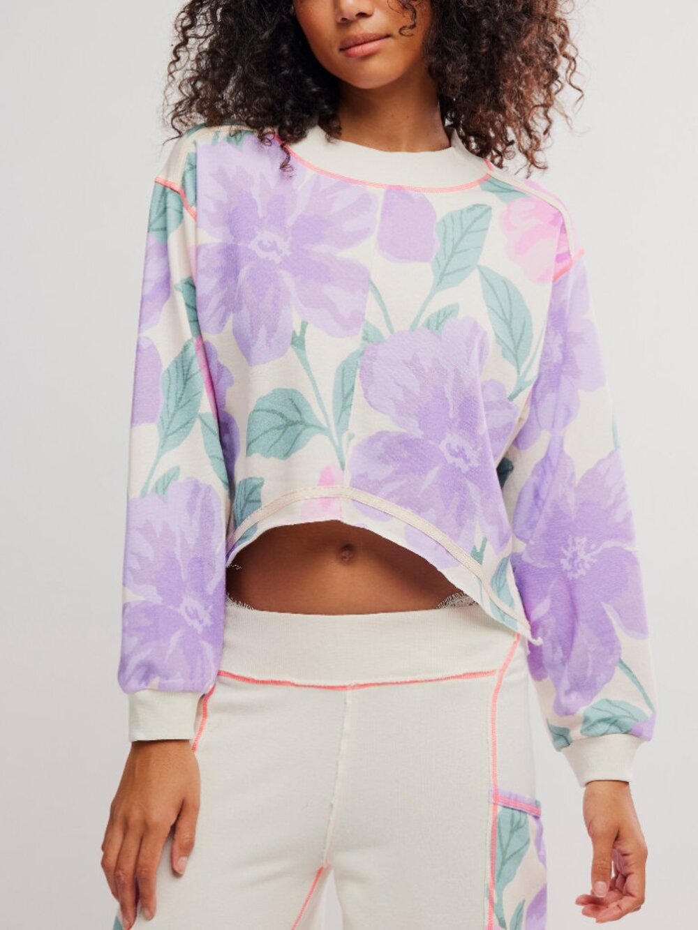 Free People Cream Lavender Floral Cropped Sweatshirt